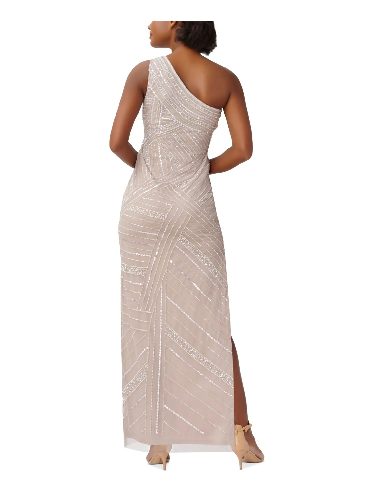 ADRIANNA PAPELL Womens Beige Beaded Zippered High Side Slit Lined Sleeveless Asymmetrical Neckline Full-Length Evening Sheath Dress