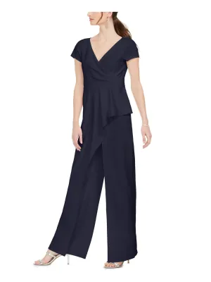 ADRIANNA PAPELL Womens Navy Zippered Ruffled Cap Sleeve V Neck Evening Wide Leg Jumpsuit