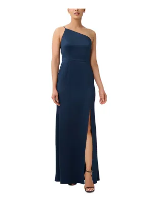 ADRIANNA PAPELL Womens Navy Zippered Unlined Slit Spaghetti Strap Asymmetrical Neckline Full-Length Formal Gown Dress