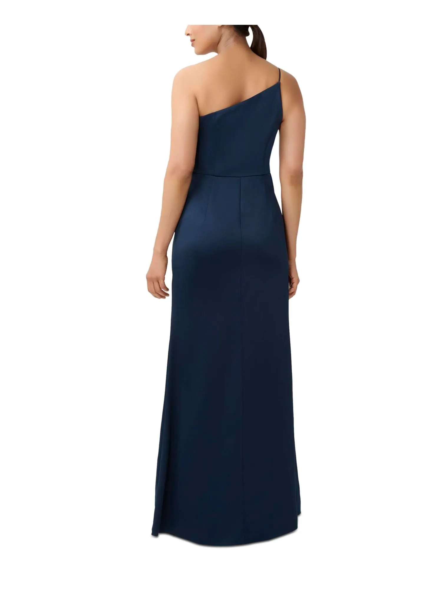 ADRIANNA PAPELL Womens Navy Zippered Unlined Slit Spaghetti Strap Asymmetrical Neckline Full-Length Formal Gown Dress