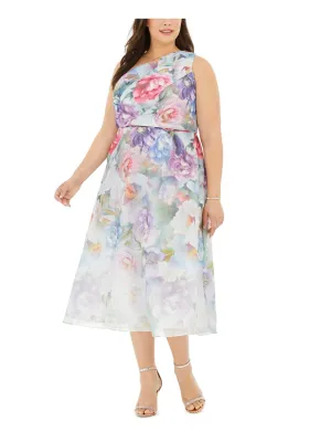 ADRIANNA PAPELL Womens Sheer Floral Sleeveless Asymmetrical Neckline Below The Knee Pencil Dress