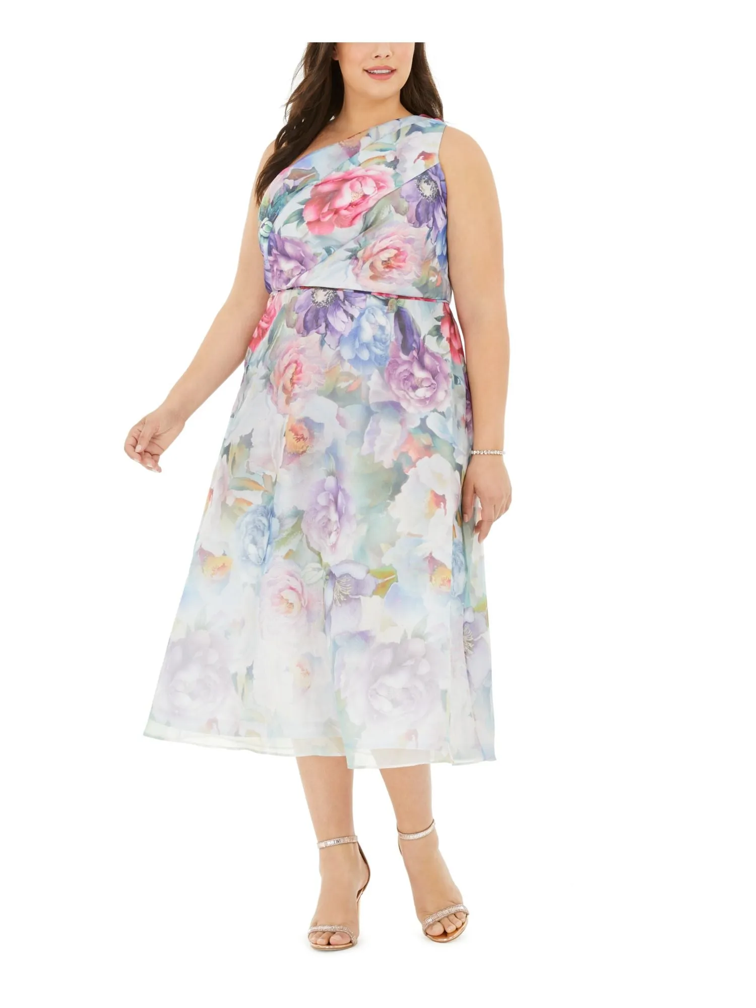 ADRIANNA PAPELL Womens Sheer Floral Sleeveless Asymmetrical Neckline Below The Knee Pencil Dress