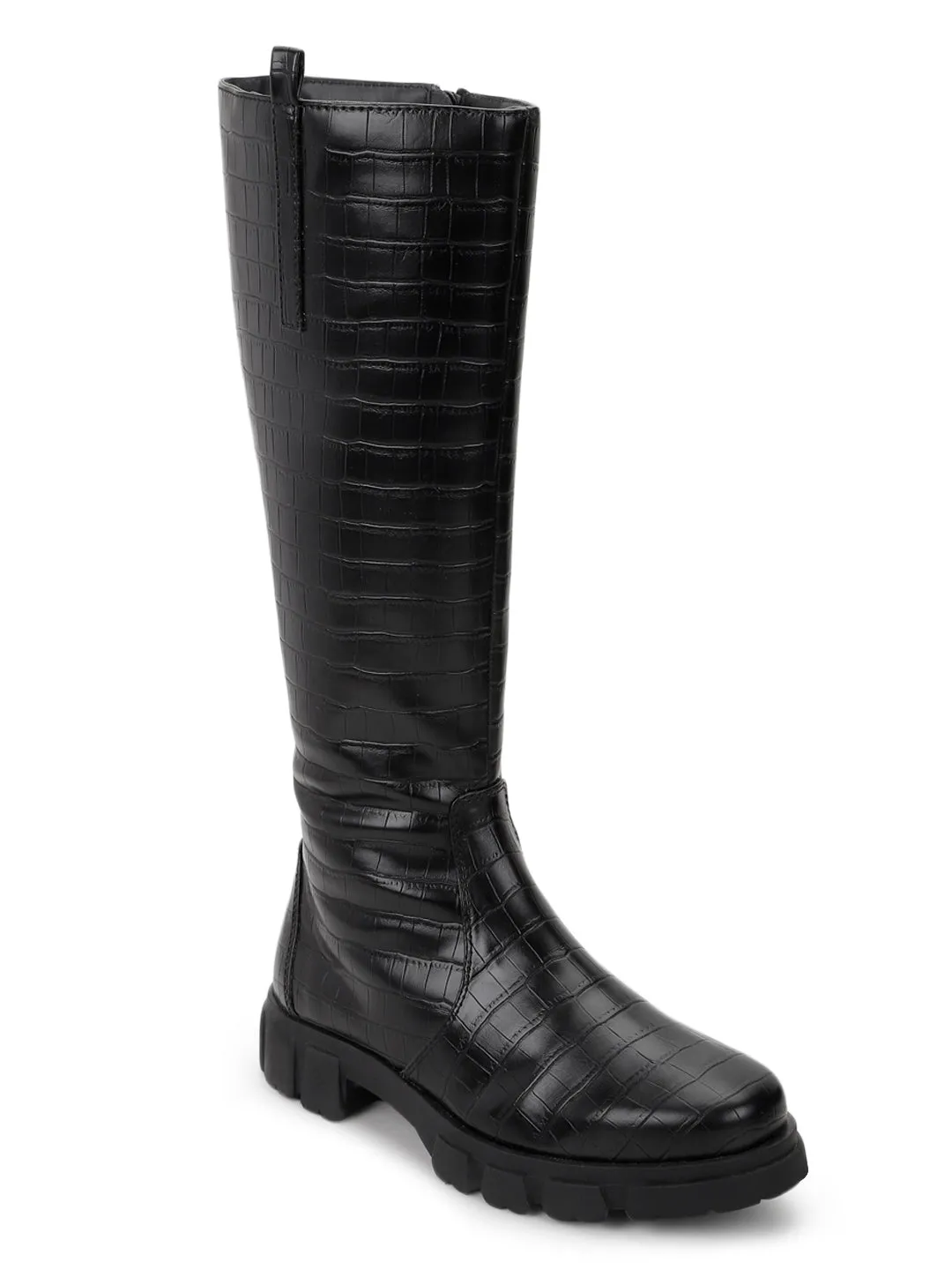 Black Croc PU Kitten Long Boots (TC-ST-1308-BLKCROC)