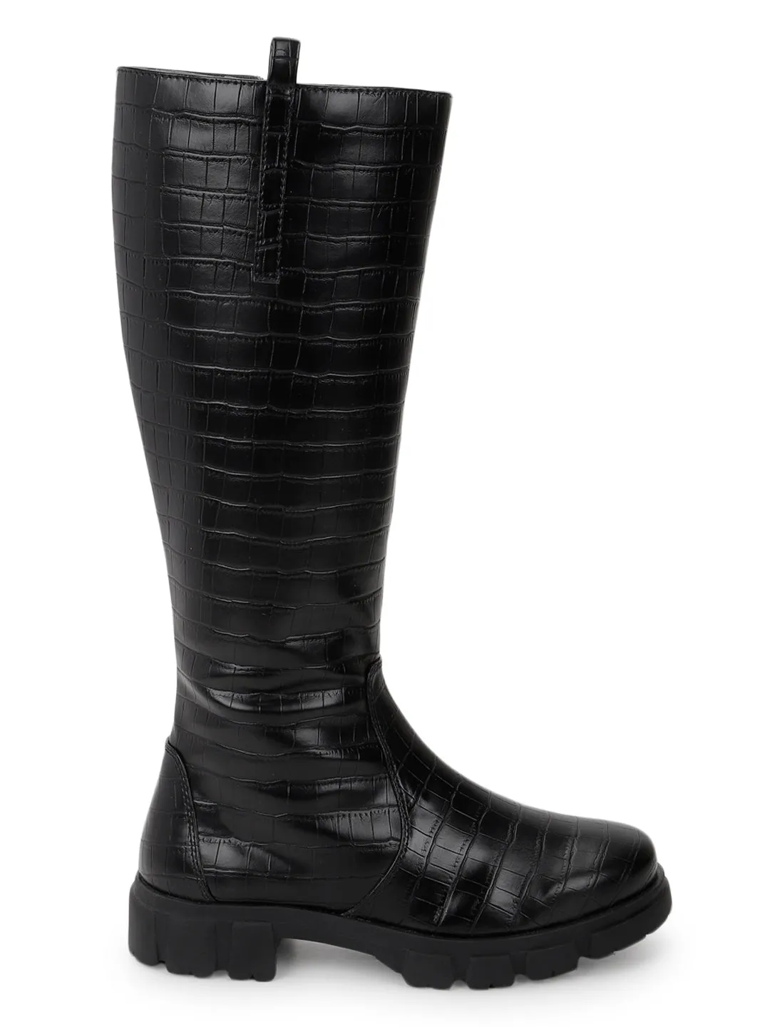 Black Croc PU Kitten Long Boots (TC-ST-1308-BLKCROC)