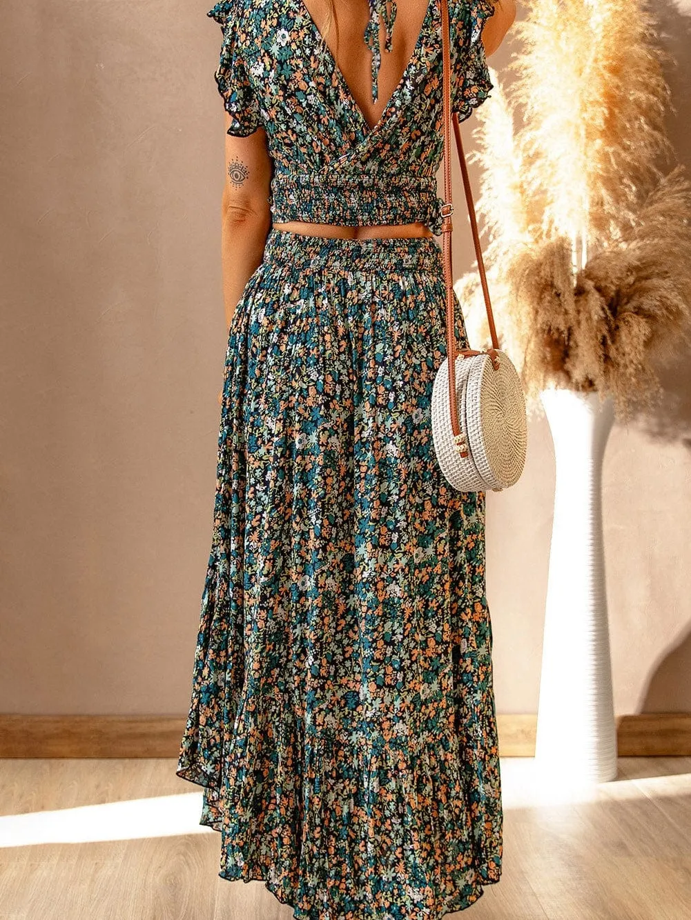 Bohemian Blossom Two-Piece Set with Ruffled Crop Top and Maxi Skirt