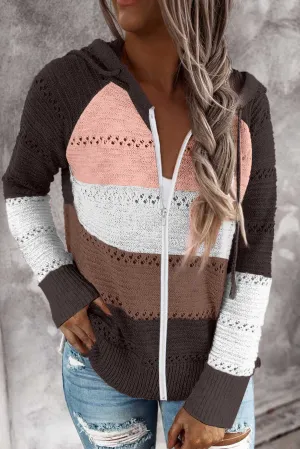 Brown Colorblock Knit Hoodie with Zipper Detail