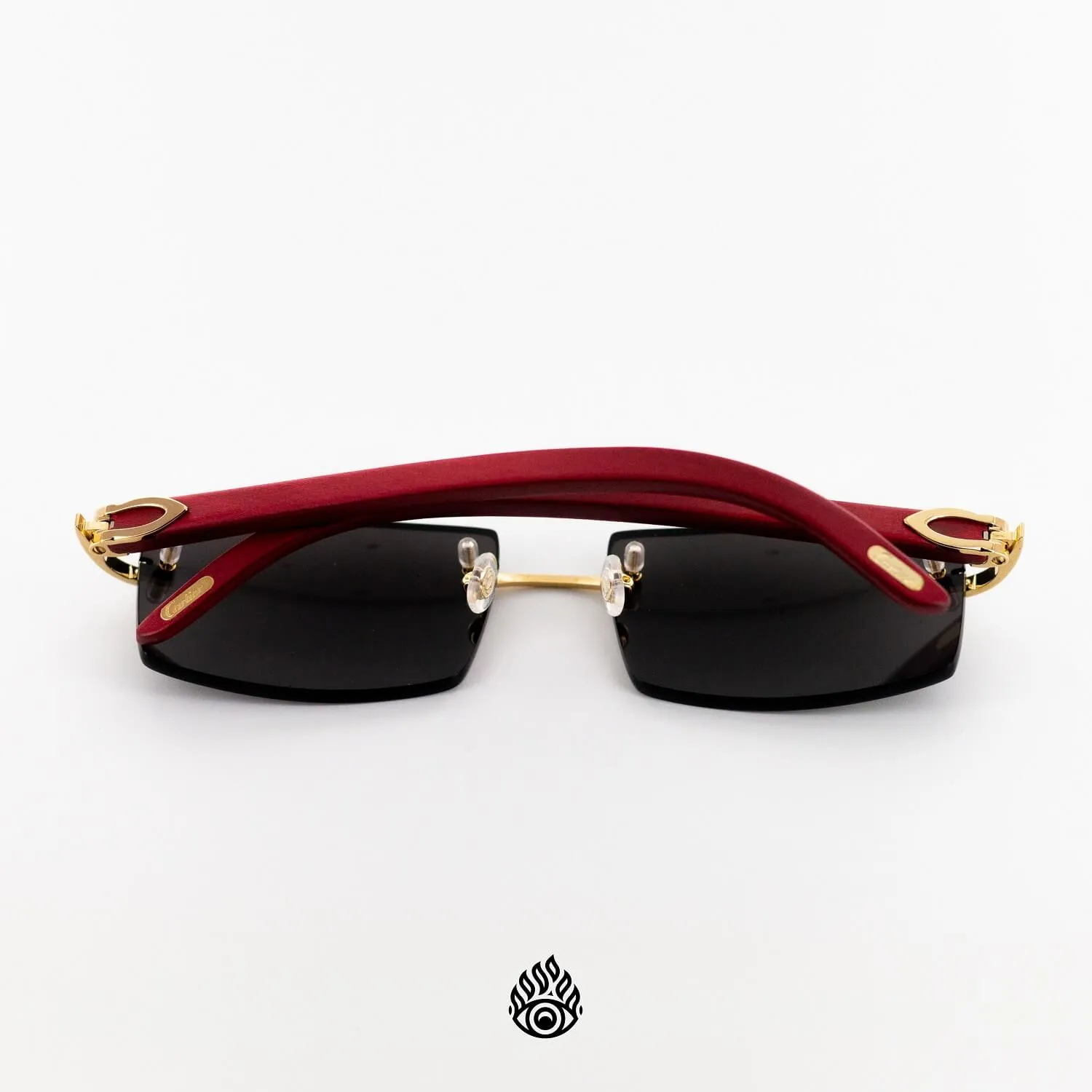 Cartier Red Wood Glasses with Gold C Decor and Black Lens