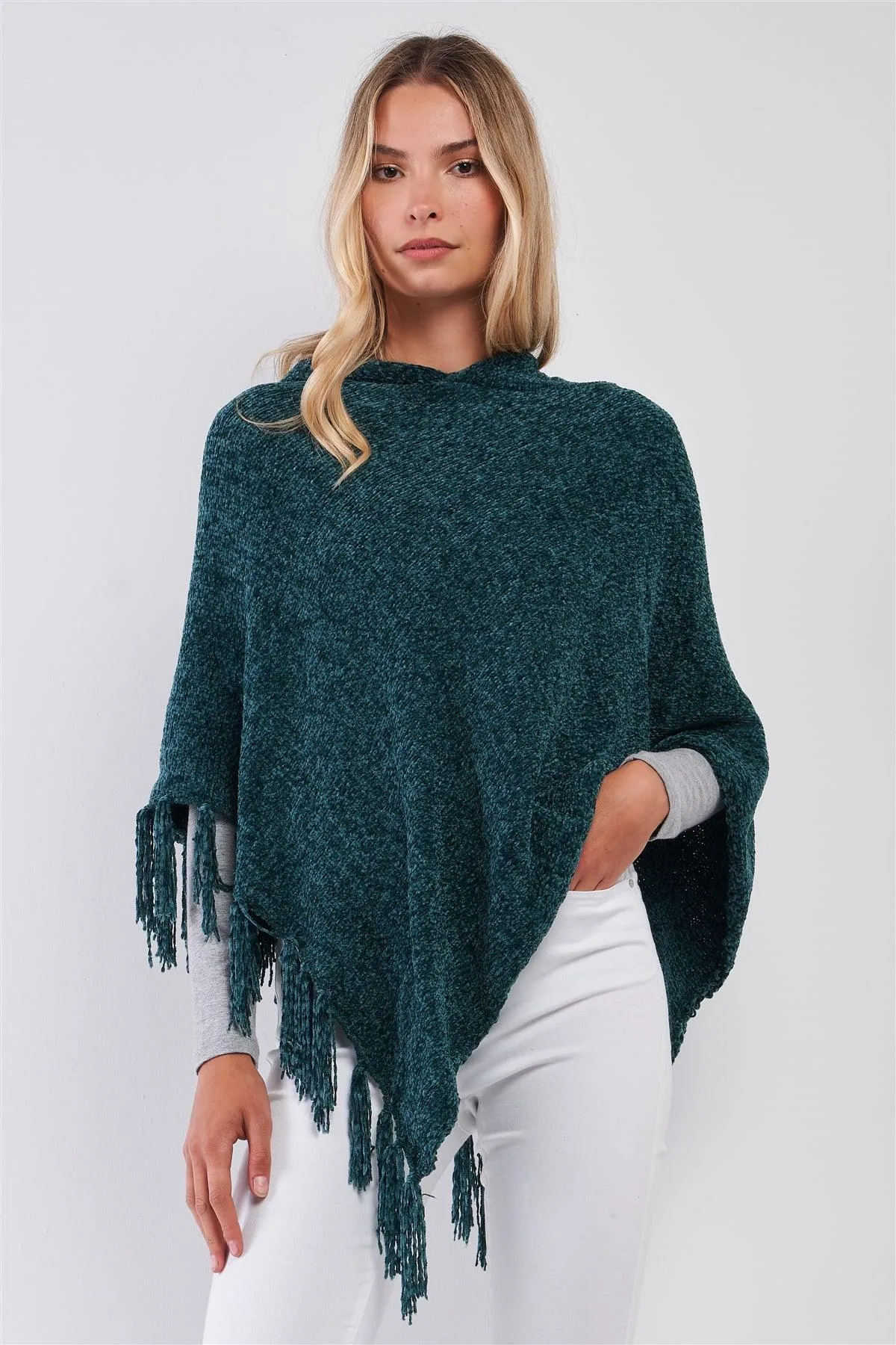 Chenille Knit Tassel Fringe Side Trim Hooded Poncho