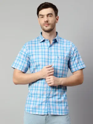 Cotton Checkered Blue Half Sleeve Regular Fit Casual Shirt for Men with Pocket