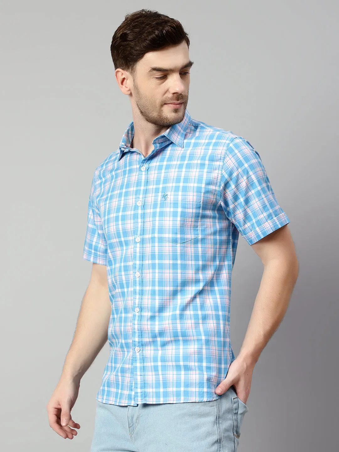 Cotton Checkered Blue Half Sleeve Regular Fit Casual Shirt for Men with Pocket