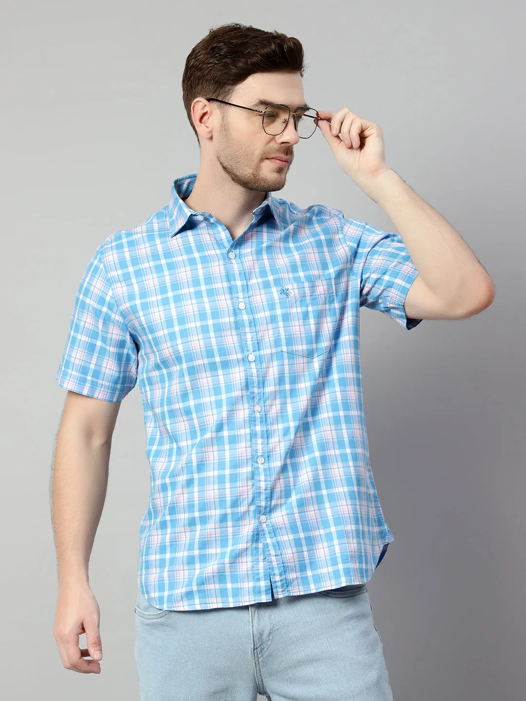 Cotton Checkered Blue Half Sleeve Regular Fit Casual Shirt for Men with Pocket