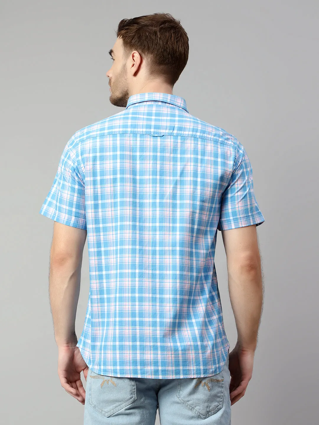 Cotton Checkered Blue Half Sleeve Regular Fit Casual Shirt for Men with Pocket