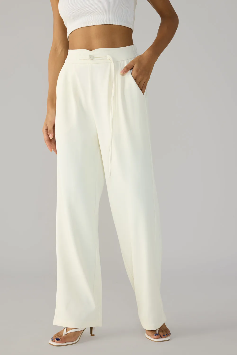 Egret White Knotted Waist Korean Pants