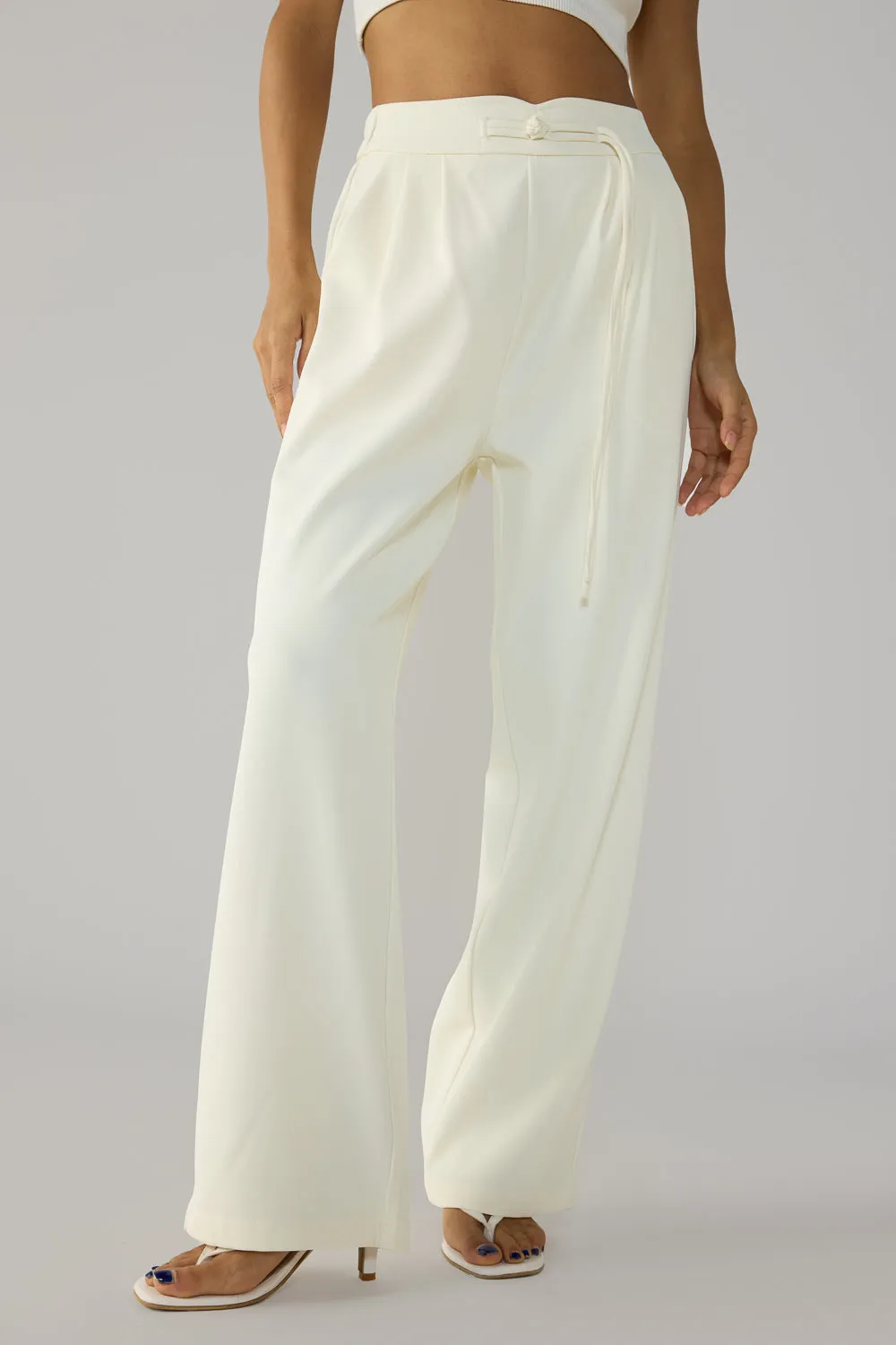 Egret White Knotted Waist Korean Pants