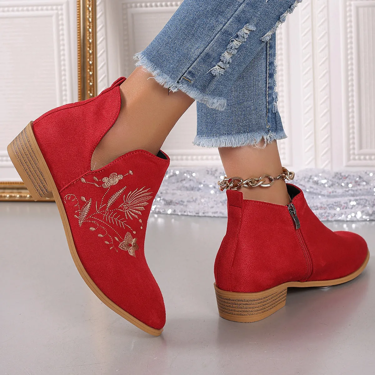 Embroidered Suede Point Toe Block Heel Boots