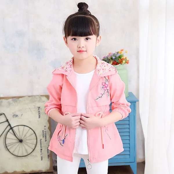 Flower Embroidery Hooded Outwear Kids Girls