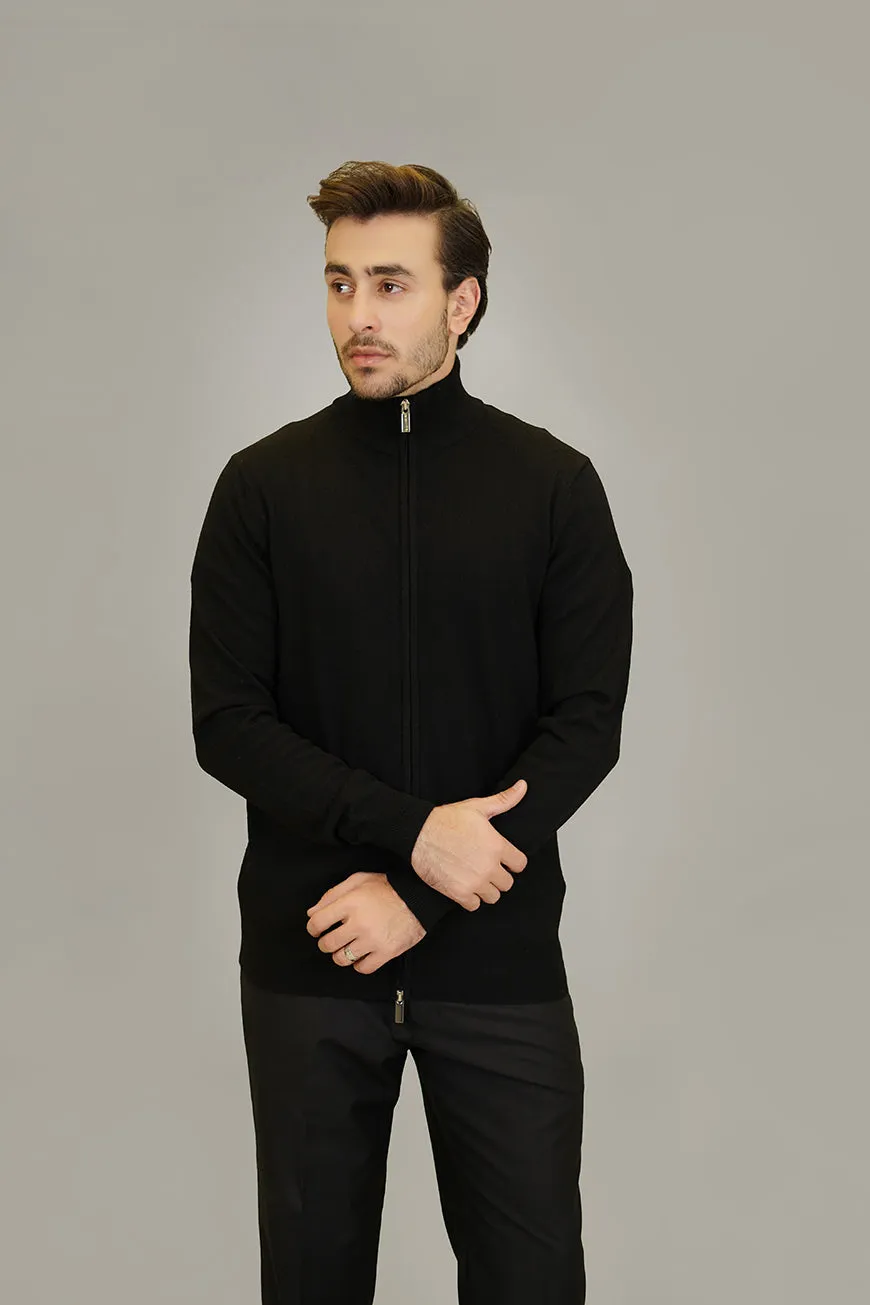 Full Zip Sweater - Merino Wool Black Plain