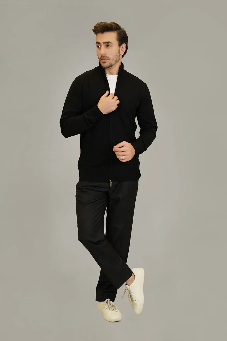 Full Zip Sweater - Merino Wool Black Plain