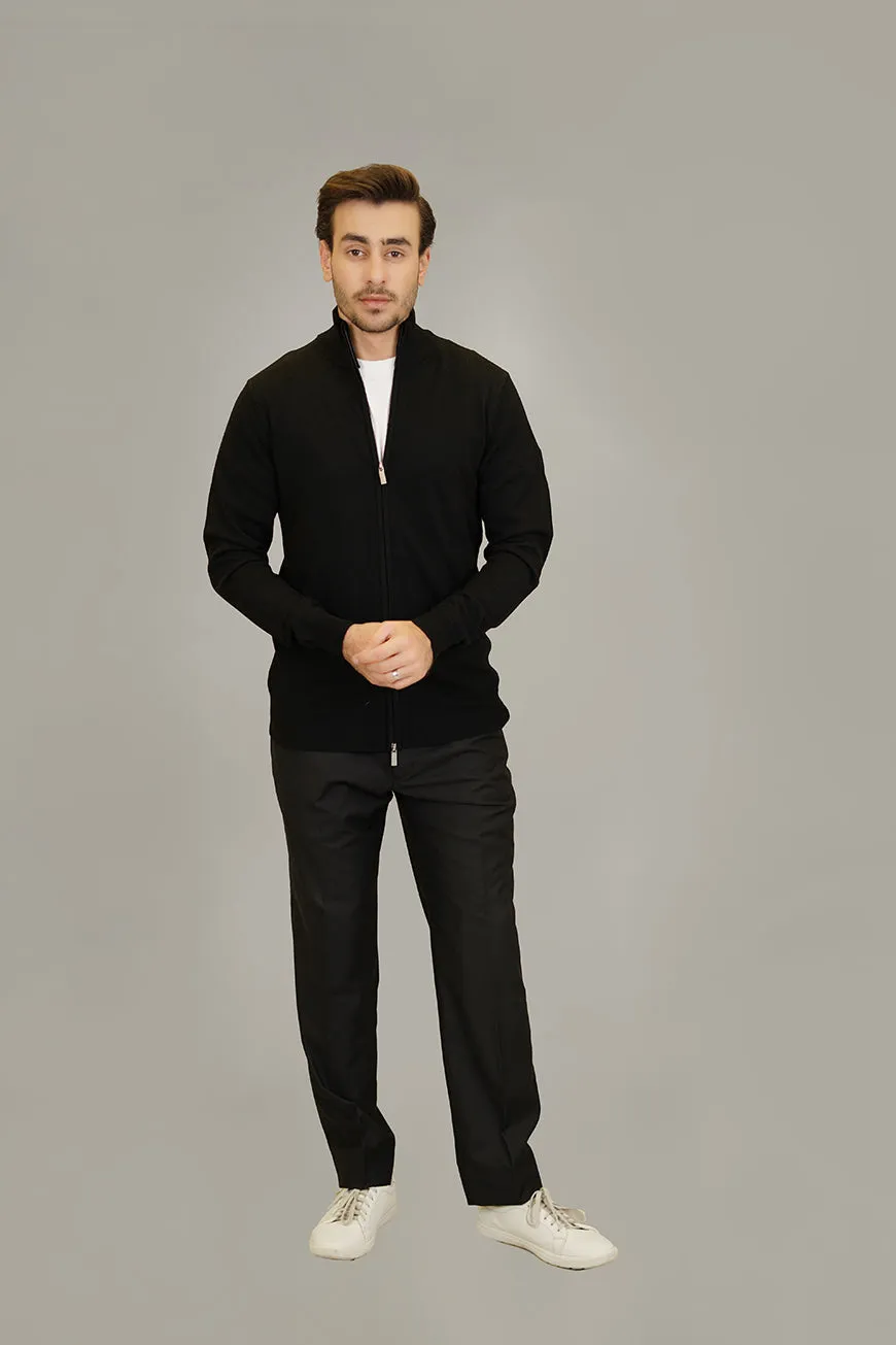 Full Zip Sweater - Merino Wool Black Plain