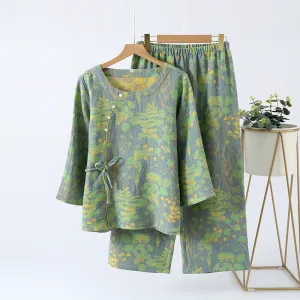 Green 3/4 Sleeve Oblique Cotton Pajama Set