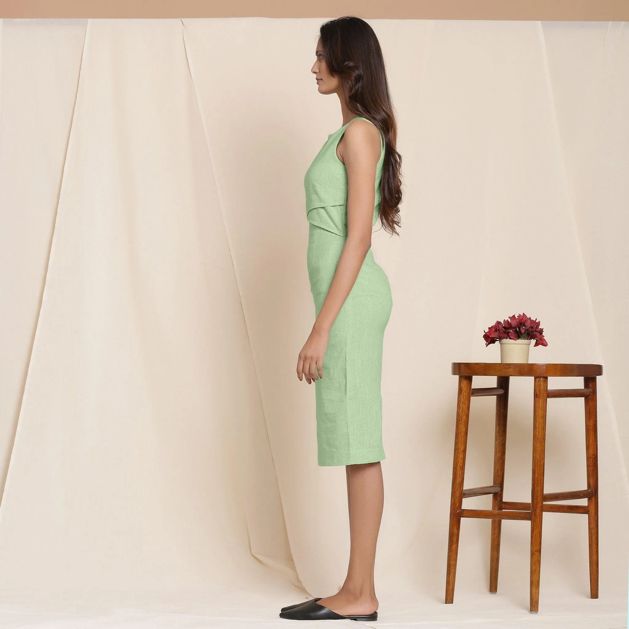 Green Yarn Dyed Cotton Knee Length Sheath Dress