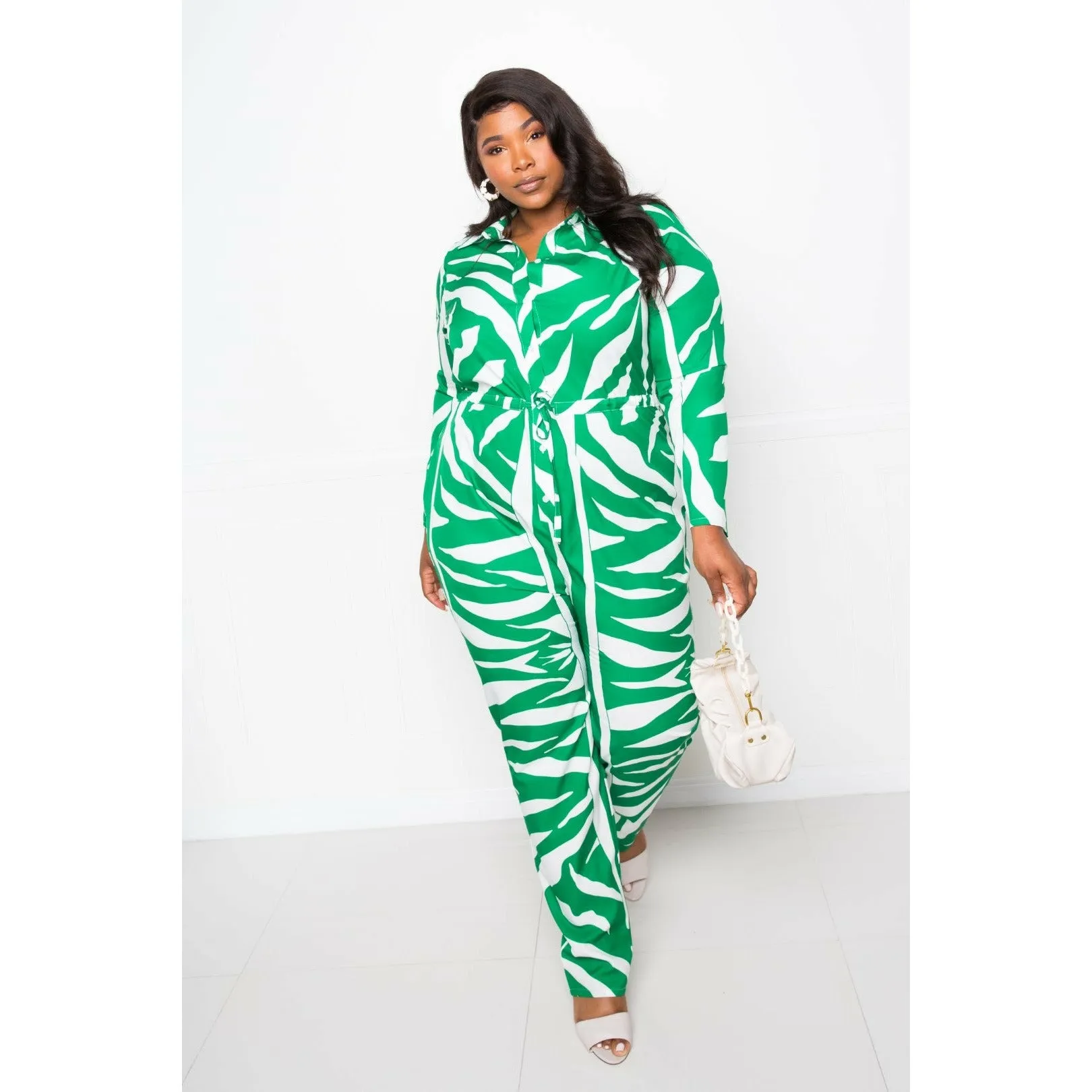 Green Zebra Print Button Up Long Sleeve Plus-size Jumpsuit