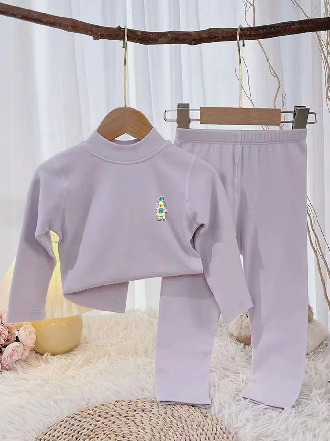 Little Surprise Box Lilac Kelly Crew Neck Upper & Lower Body Thermal Winter Warmers For Kids-Set Of 2 Pcs