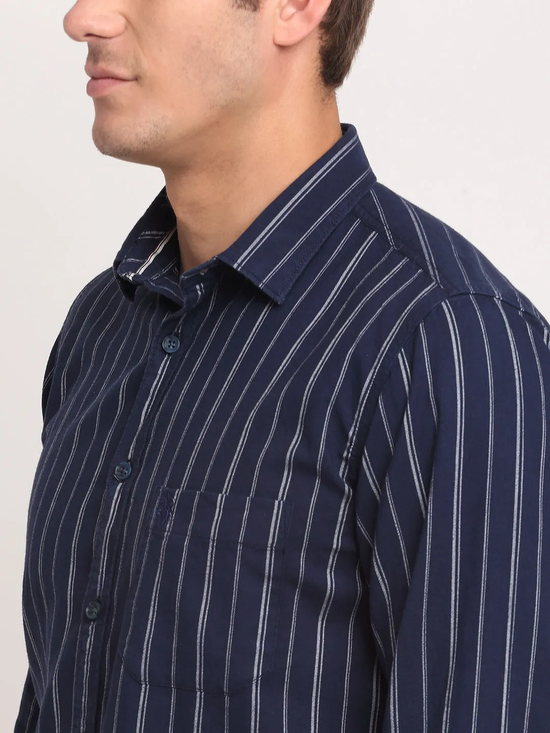 Men Cotton Striped Navy Blue Full Sleeve Casual Shirt for Men with Pocket