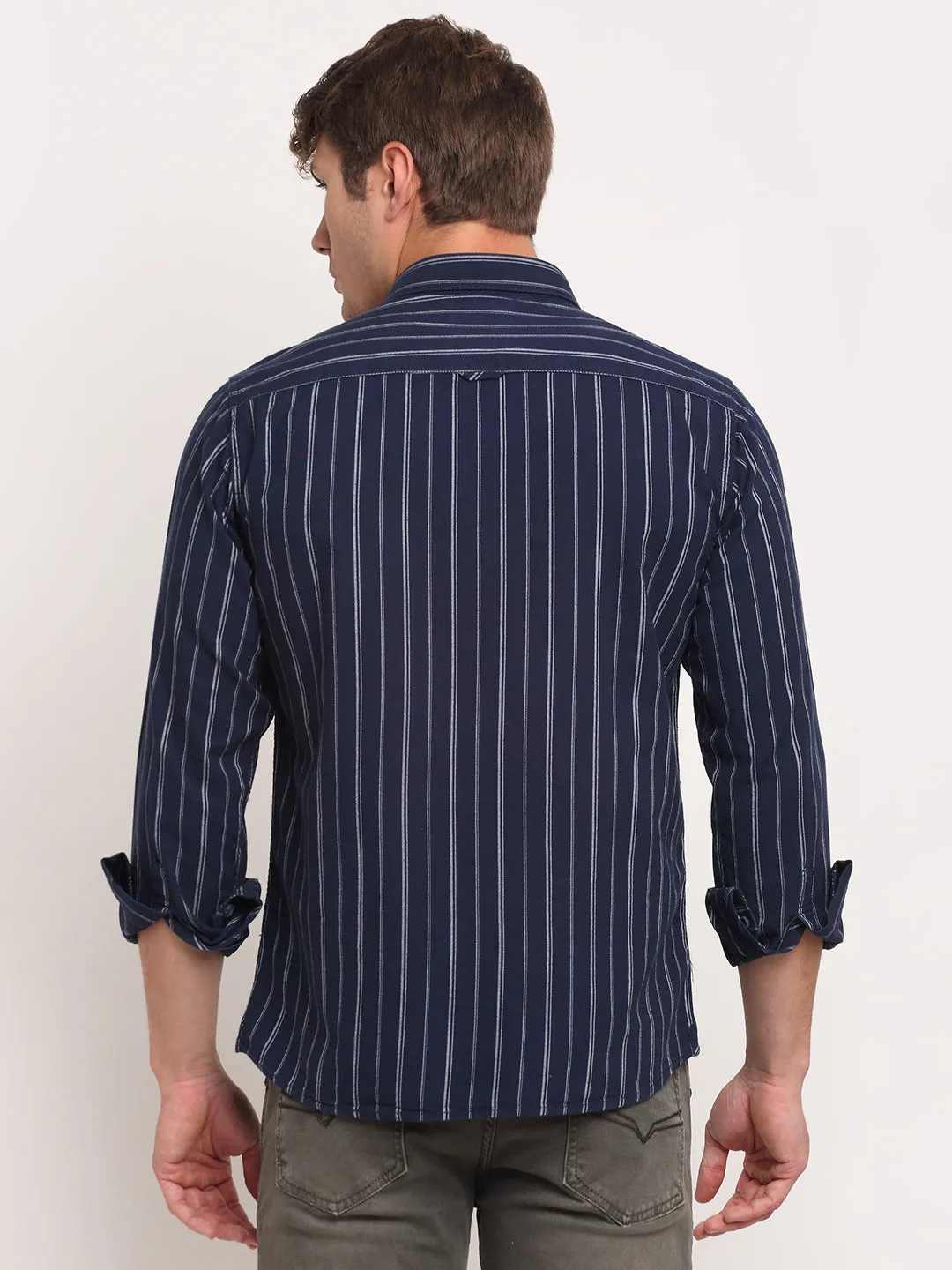 Men Cotton Striped Navy Blue Full Sleeve Casual Shirt for Men with Pocket