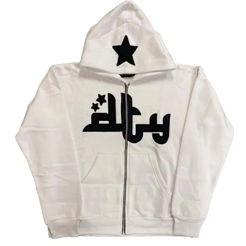 Men Star Letter Printed Hoodies Harajuku High Street Hooded Sweatshirts Y2K Streetwear Hip Hop Gothic Zip Up Loose Jacket Coats