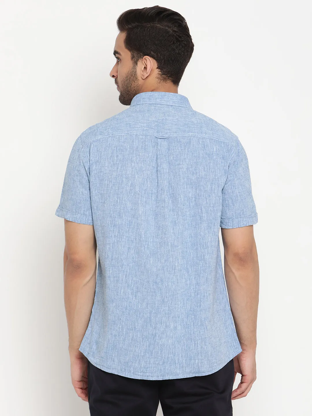 Men's Blue Casual Plain Half Sleeve Shirt