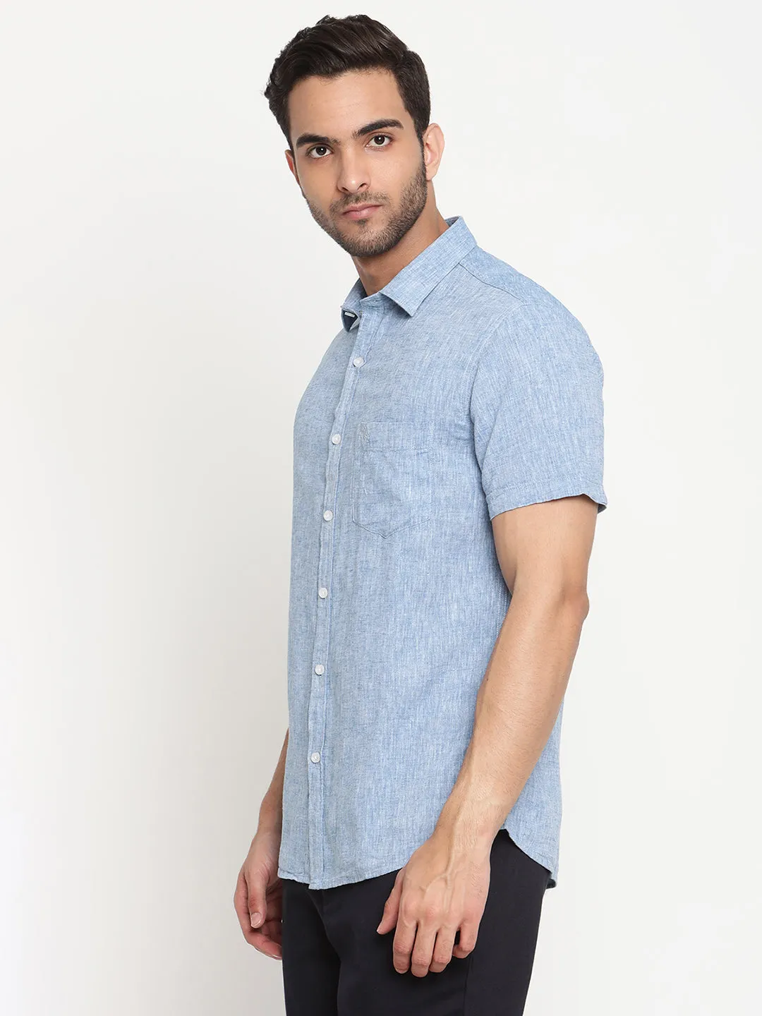 Men's Blue Casual Plain Half Sleeve Shirt