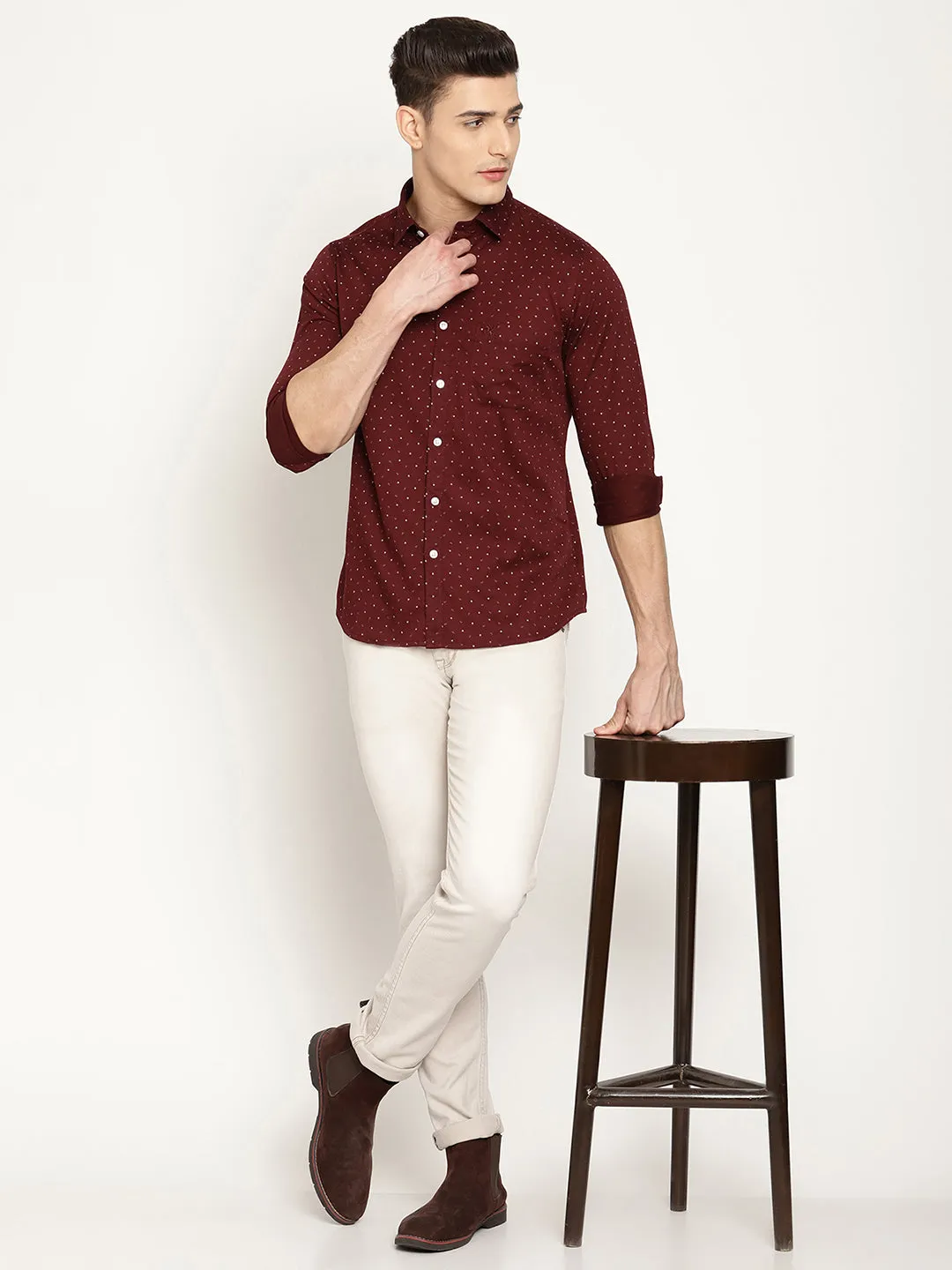 Men's Maroon Casual Ditsy Print Full Sleeve Shirt