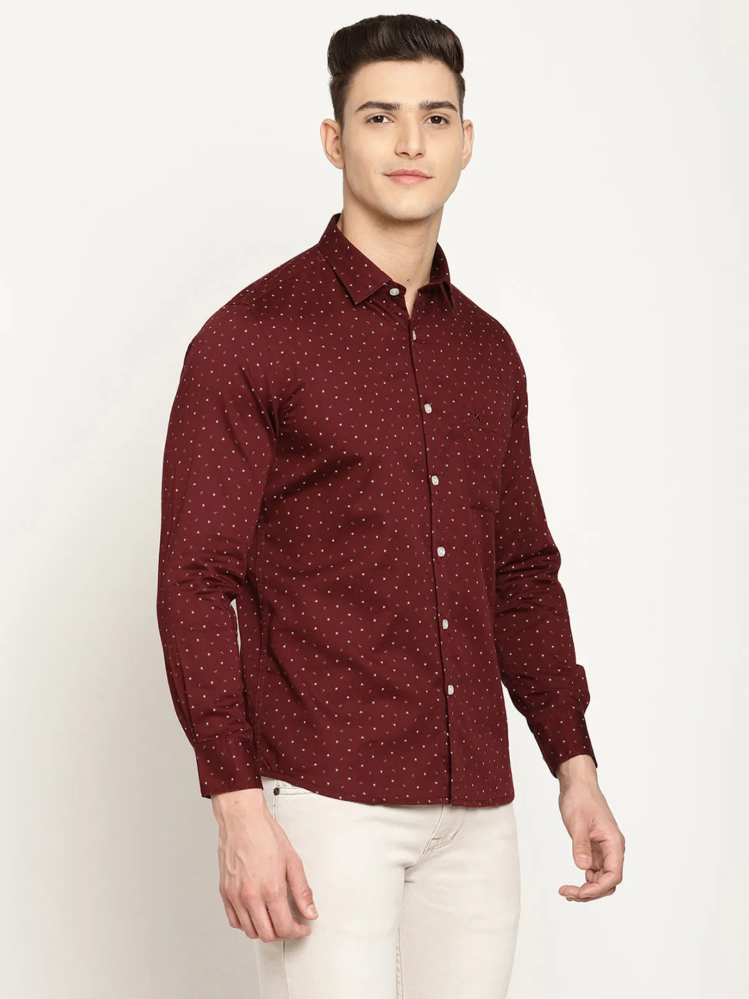 Men's Maroon Casual Ditsy Print Full Sleeve Shirt