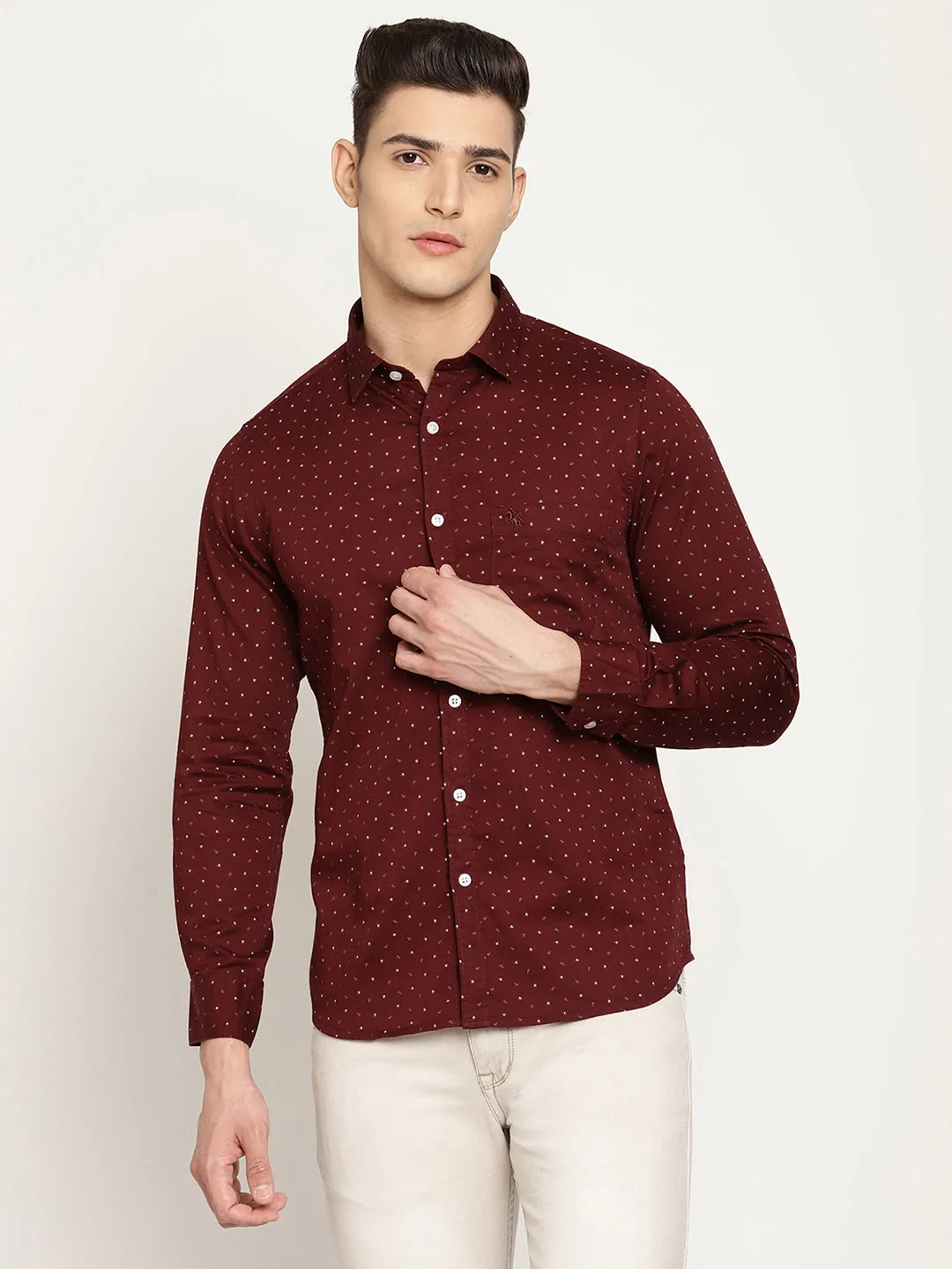 Men's Maroon Casual Ditsy Print Full Sleeve Shirt