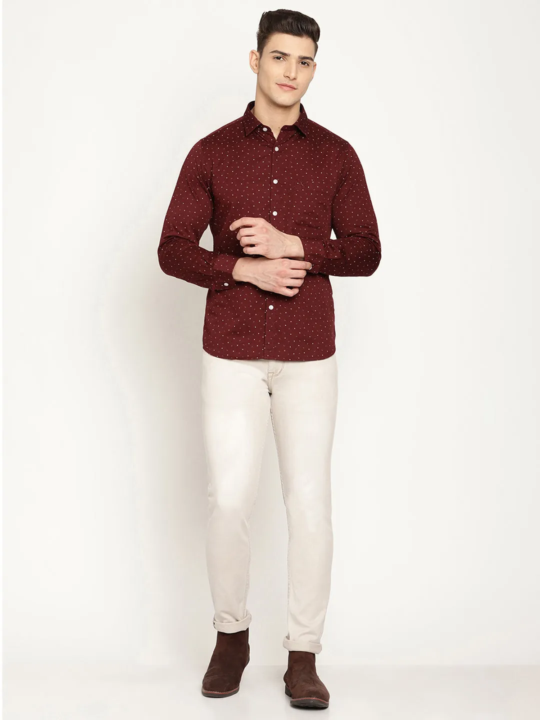 Men's Maroon Casual Ditsy Print Full Sleeve Shirt