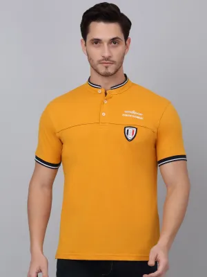 Men's Mustard Printed Mandarin Collar T-shirt