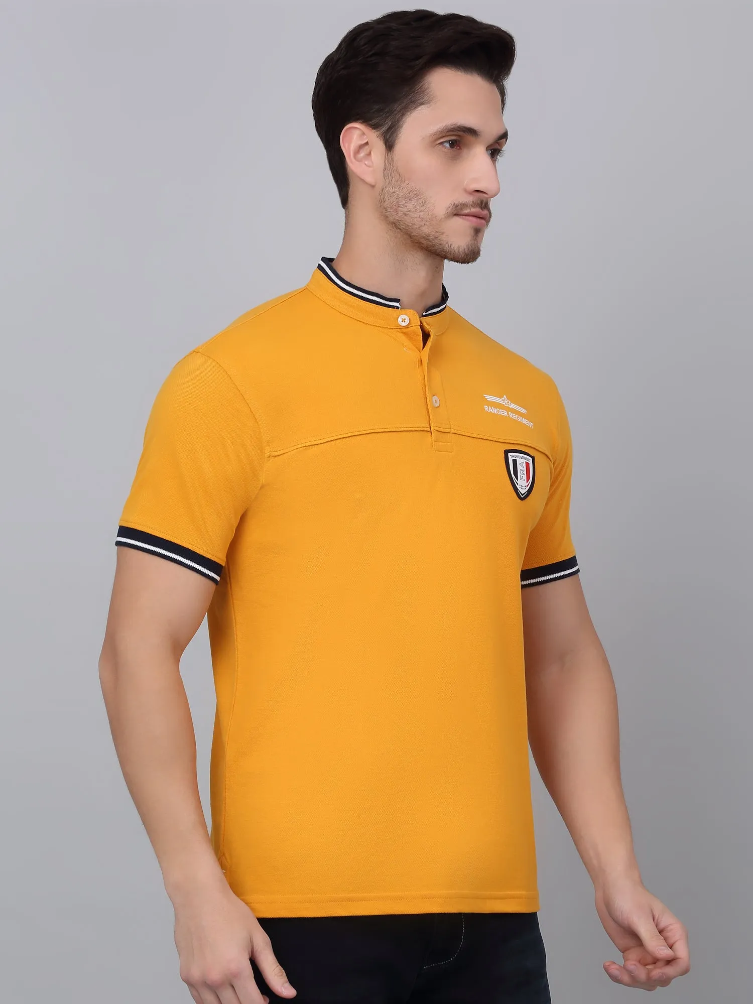 Men's Mustard Printed Mandarin Collar T-shirt