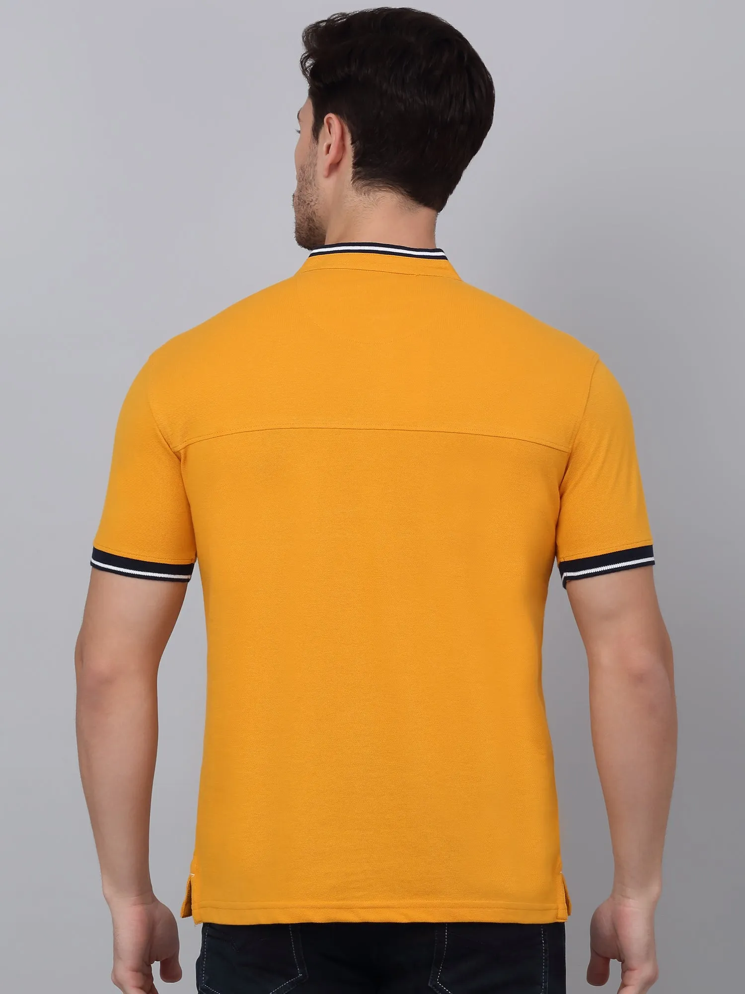 Men's Mustard Printed Mandarin Collar T-shirt