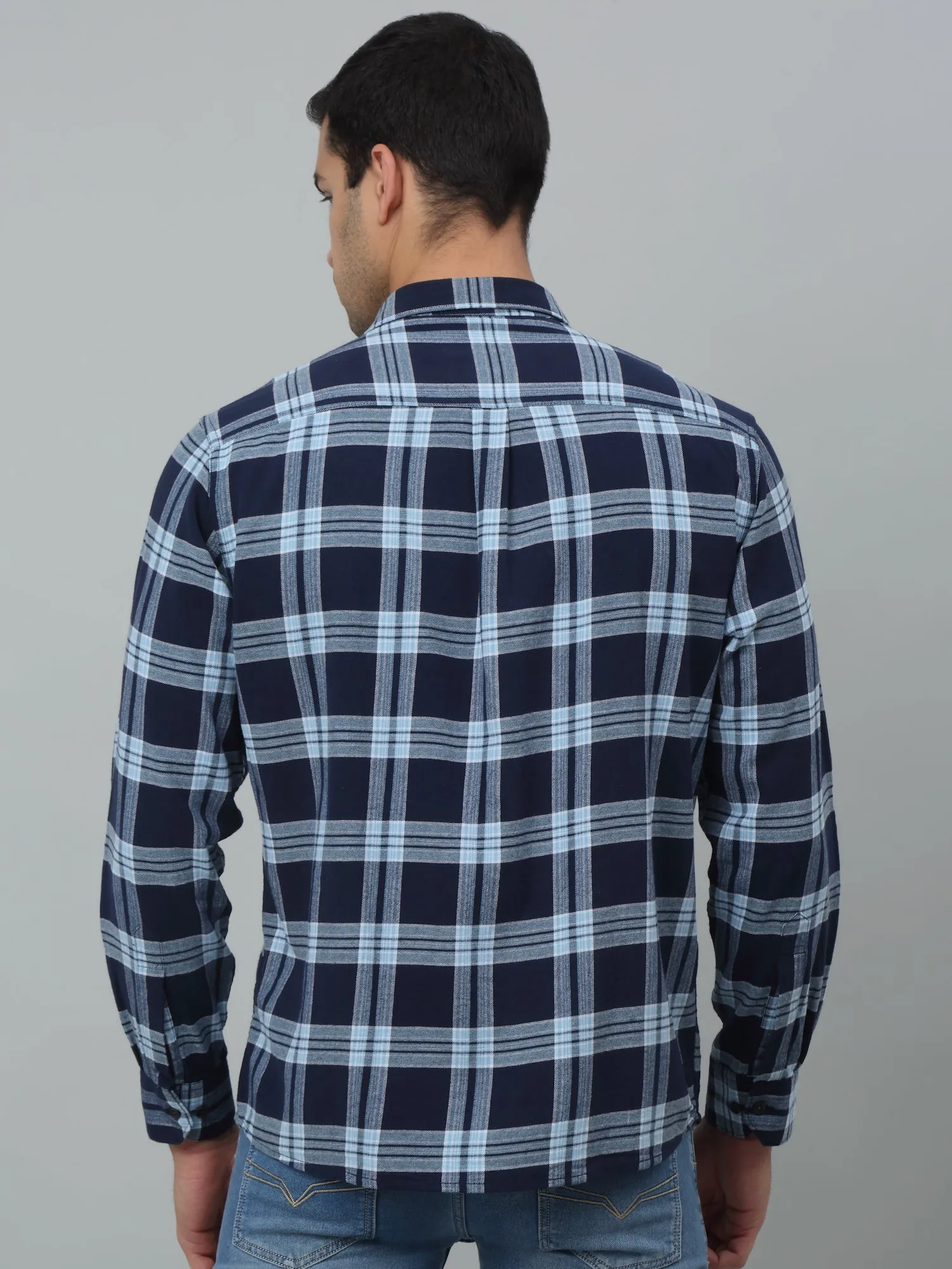 Men's Navy Blue Casual Brushed Big Checks Full Sleeve Shirt