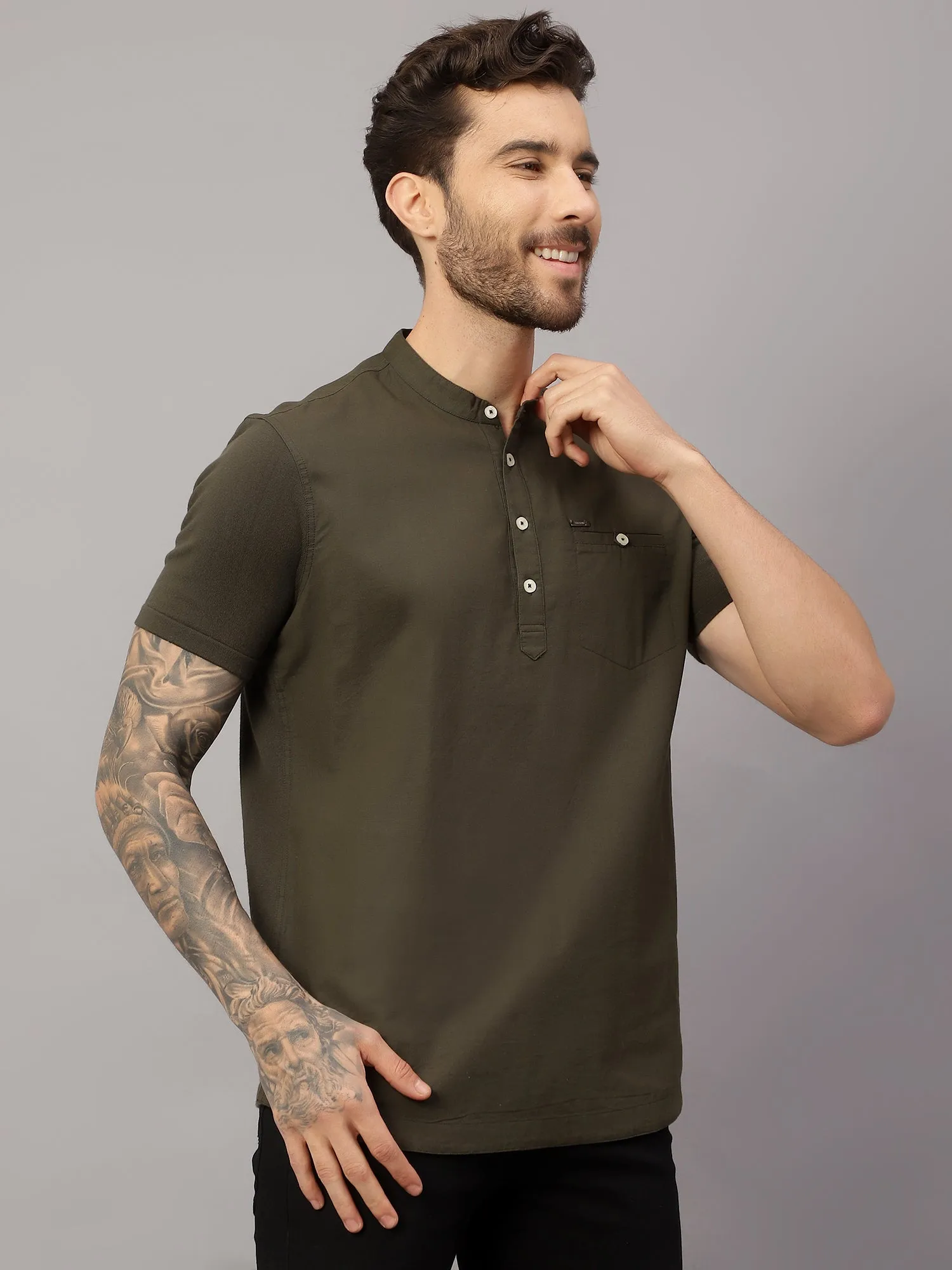 Men's Olive Green Casual Plain Half sleeve Shirt Kurta