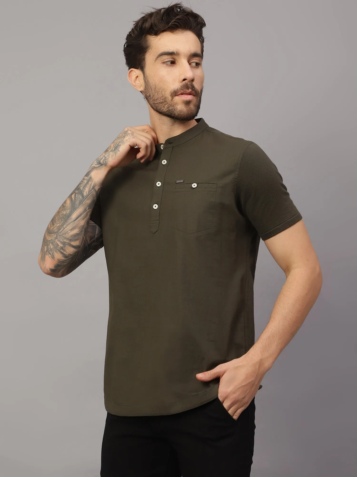 Men's Olive Green Casual Plain Half sleeve Shirt Kurta