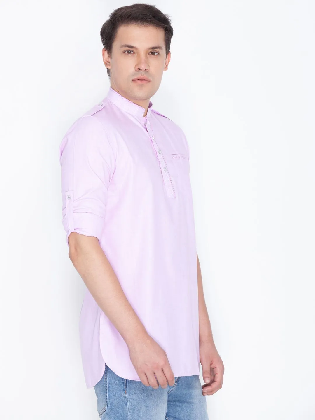 Men's Pink Cotton Short Kurta