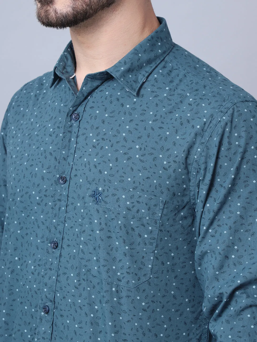 Men's Teal Blue Casual Floral Print Full Sleeve Shirt