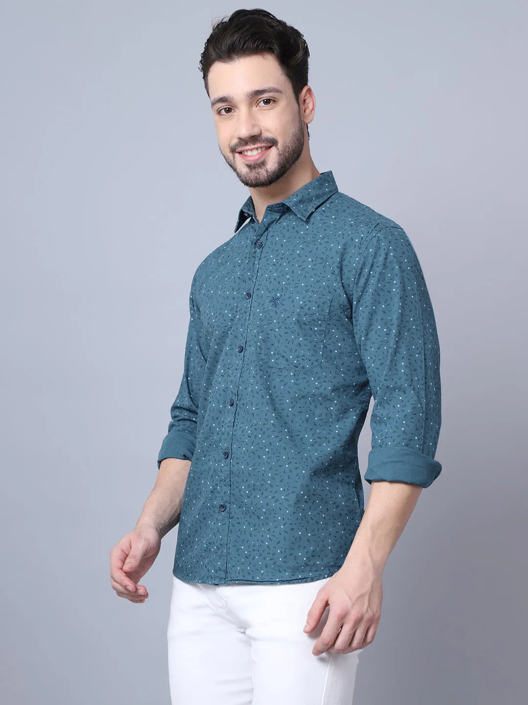 Men's Teal Blue Casual Floral Print Full Sleeve Shirt