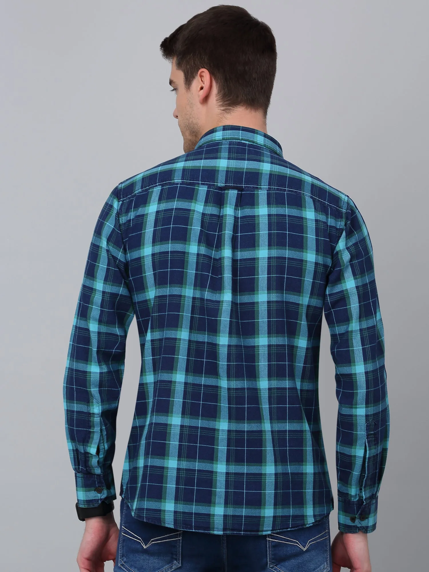 Men's Turquoise Casual Big Checks Full Sleeve Shirt