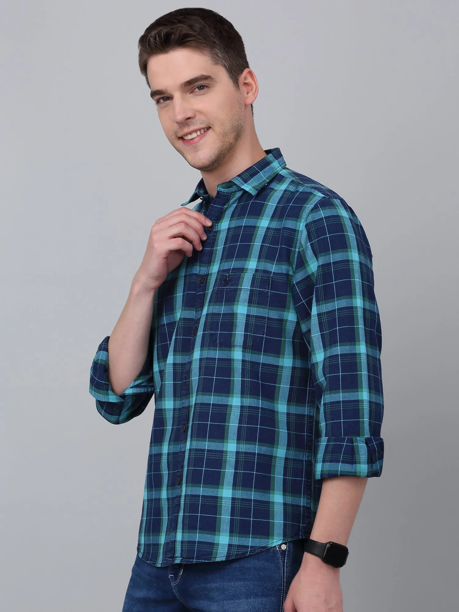 Men's Turquoise Casual Big Checks Full Sleeve Shirt