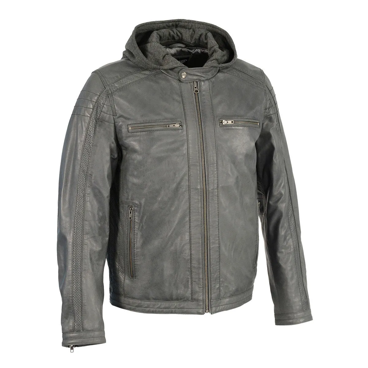 Milwaukee Leather Men's Anthracite Fashion Casual Leather Jacket w/ Removable Hoodie SFM1845