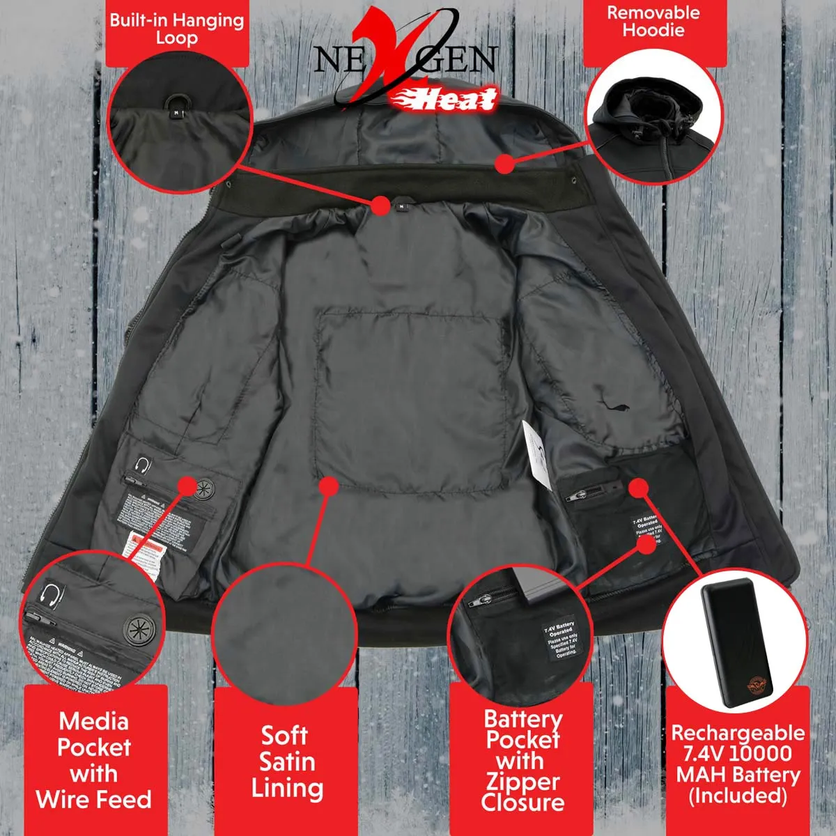 Nexgen Heat MPL2761SET Women's Black 'Heated' Soft Shell Racing Style Heated Jacket for Hiking Riding w/ Battery