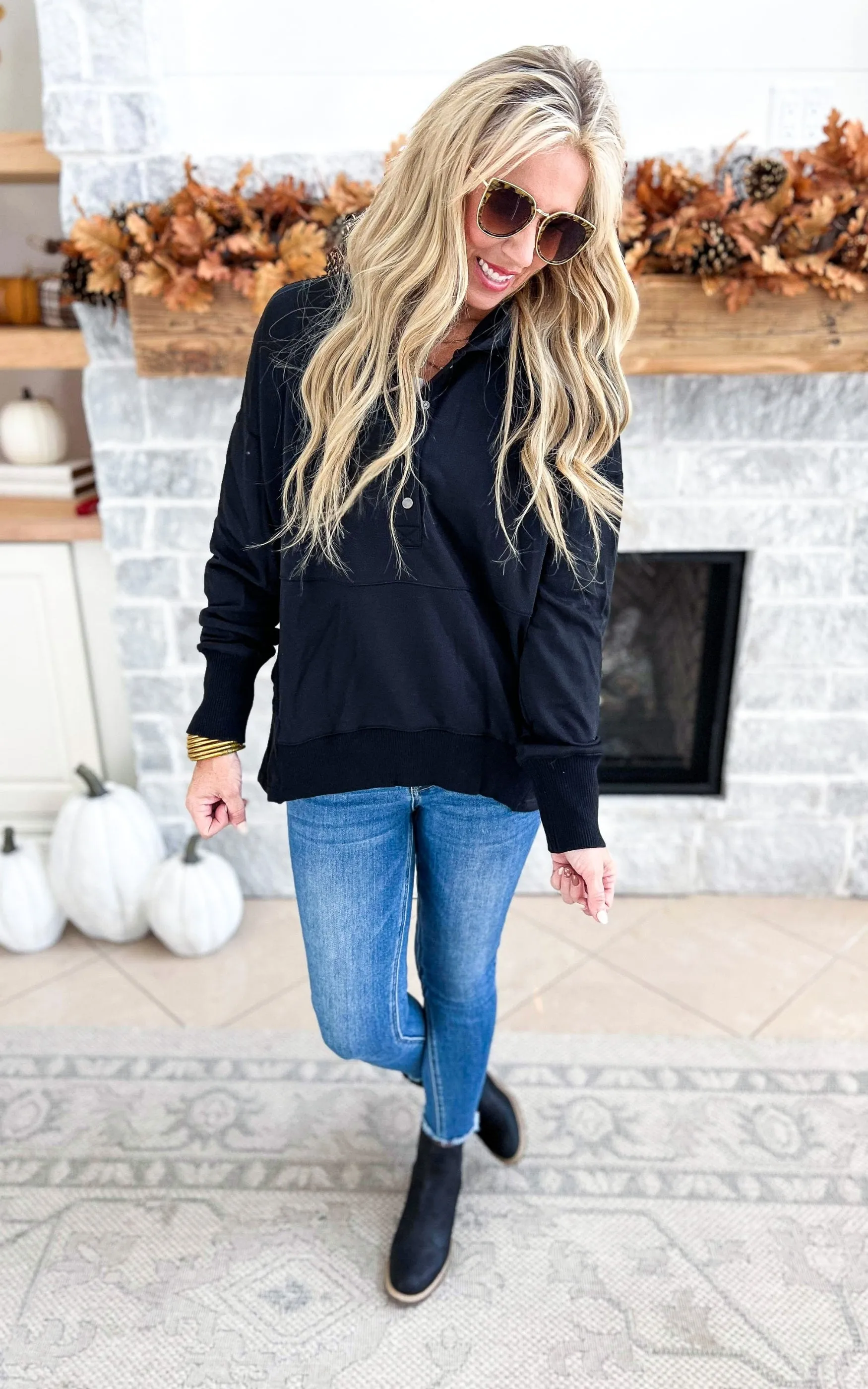 Oversized Drop Shoulder Half Button Knit Hoodie - Black